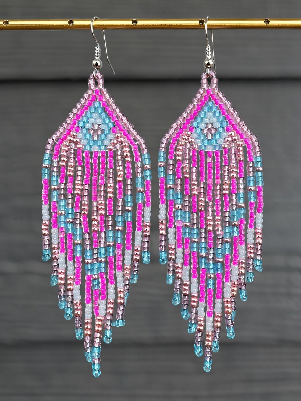 Yaz Geo Beaded Fringe Earrings Handmade Southwestern - Pink Blue